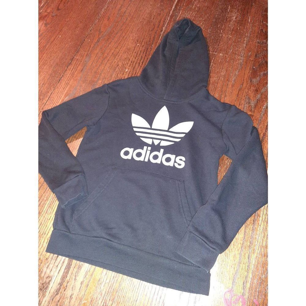 Youth Kids Small Adidas Black White Long Sleeve Pullover Hoodie Sweatshirt